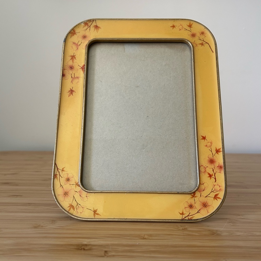 Vintage Enamel Metal Picture Frame Yellow with Red Floral design